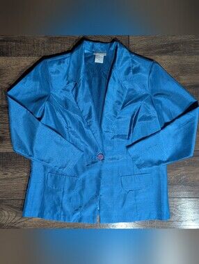 Vintage Blair Women Single Button Fully Lined Blazer Size 14 Blue 100% Polyester